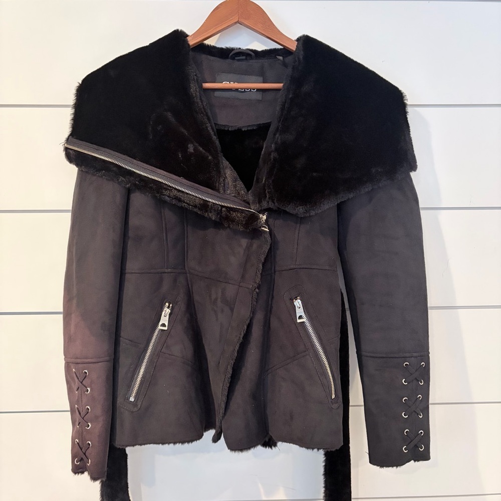 GUESS Faux Fur Belted Moto Jacket Black Y2K Glam Gothic Lace Mobwife M Upcycle - Picture 12 of 15